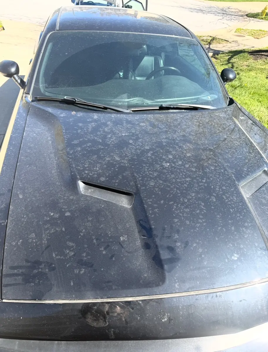Dodge Challenger exterior before mobile wash, hood and windshield covered in pollen and water spots,Premier Detailing LLC Johnson County KS