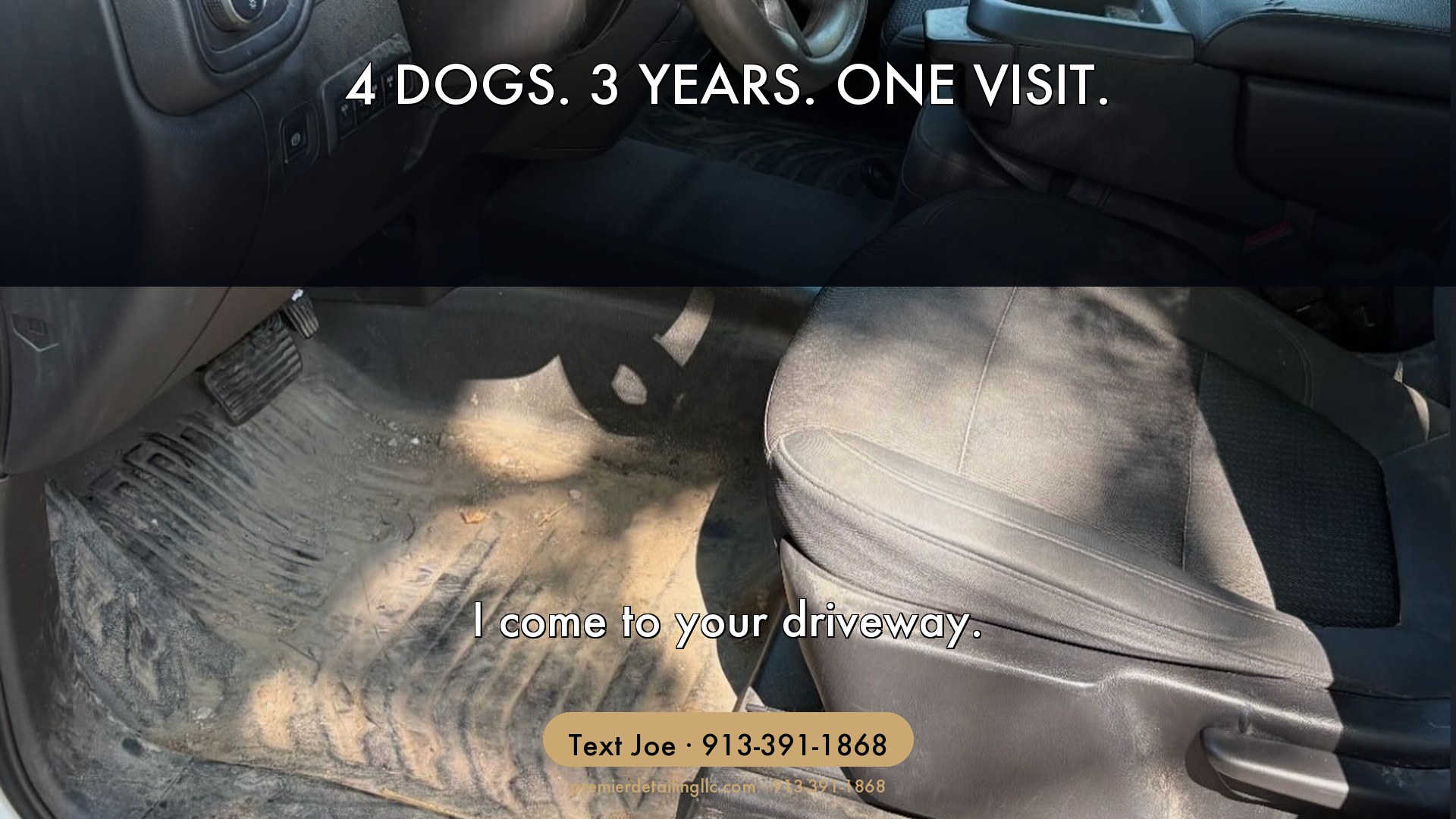 Pet hair removal before and after, truck carpet Johnson County Kansas. Left side shows heavy embedded dog hair; right side shows completely clean carpet after Premier Detailing LLC service.