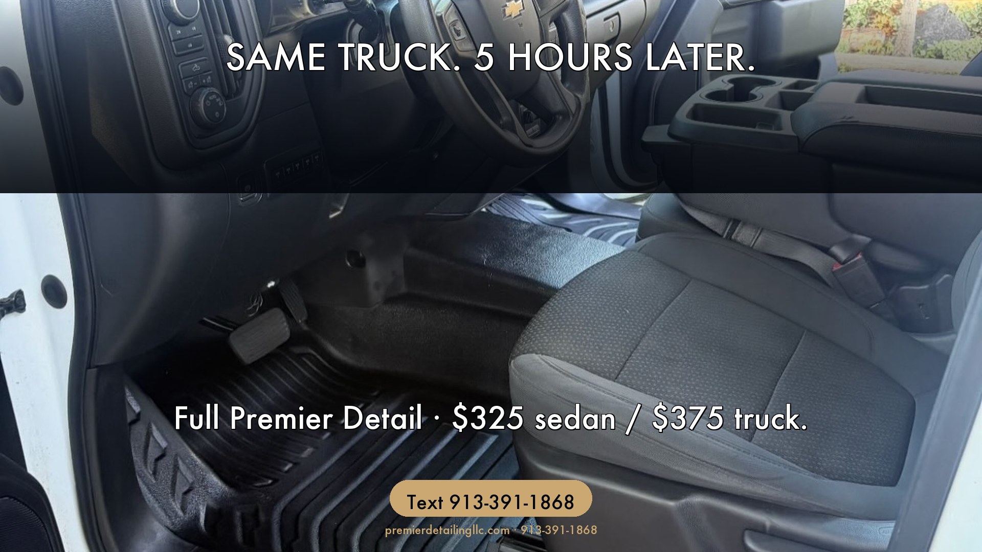 Chevrolet Silverado interior before and after, driver footwell and seat detail by Premier Detailing LLC Johnson County Kansas